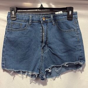 SM82 Blue Relaxed Fit Jean Shorts with Frayed Hem